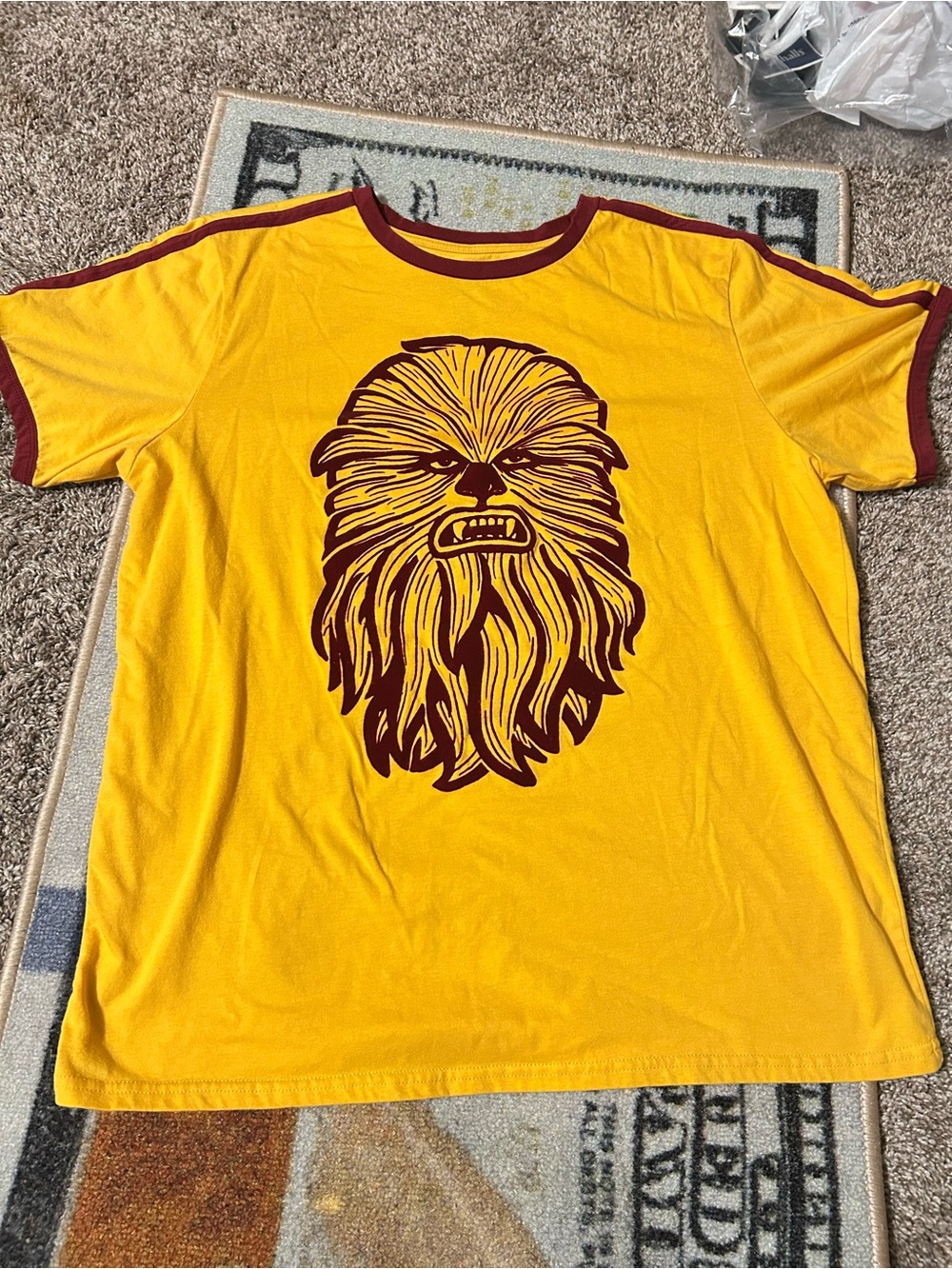 Yellow Men's Graphic Tee with Maroon Chewbacca Design